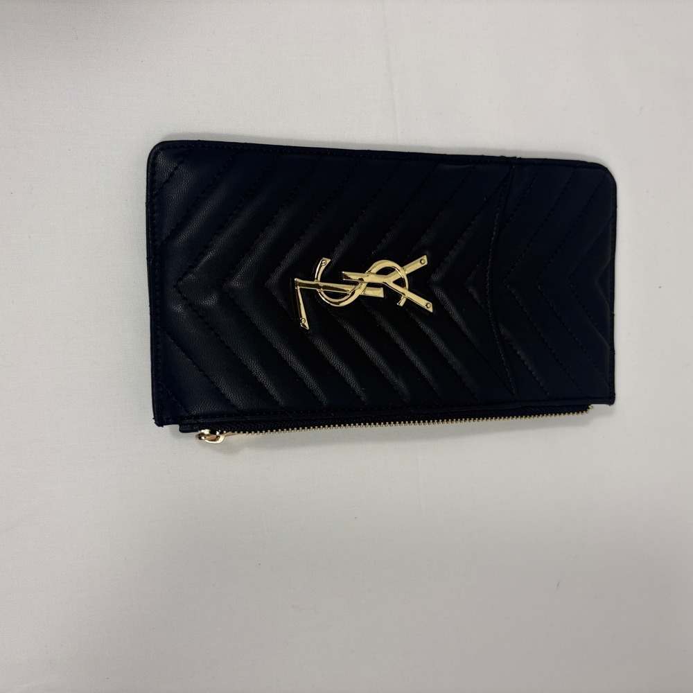 Saint Laurent Monogram Fragments Zipped Card Case Black Quilted Leather Gold YSL